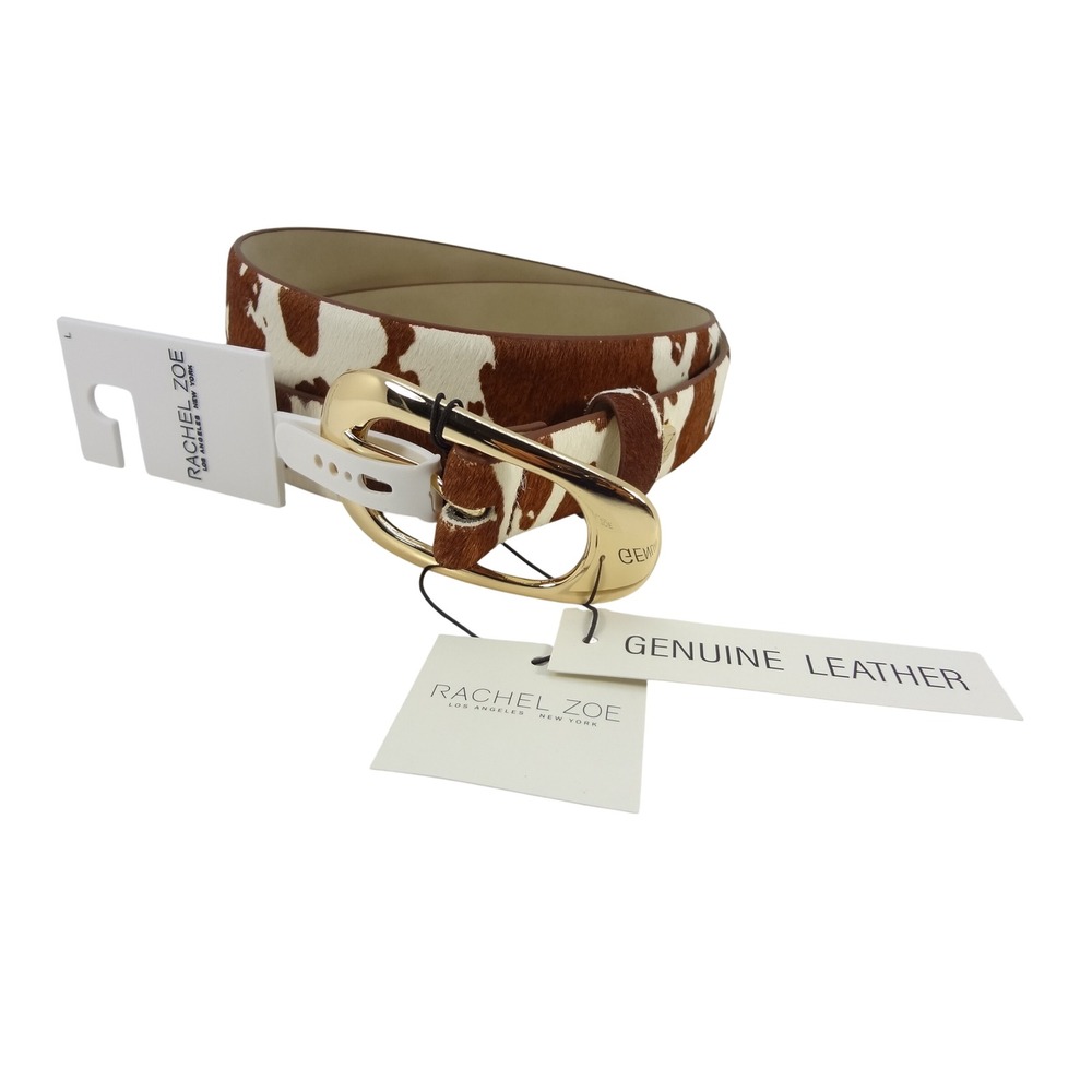 Rachel Zoe Cow Print Belt Women Large Brown White NEW Calf Hair Gold Buckle